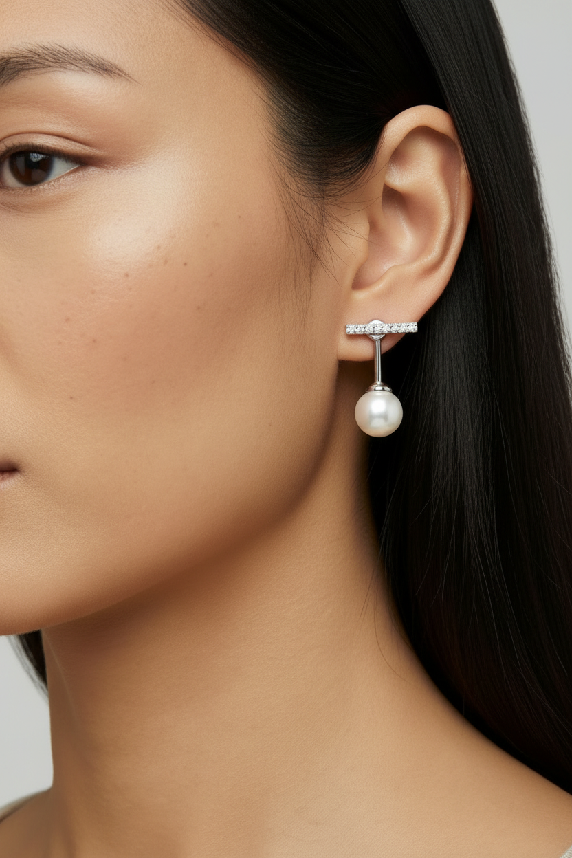 Boucles D'Oreilles T Bar Perle Pendante Argent Sterling Rhodié by Yoldine Paris