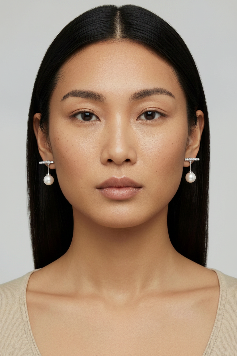 Boucles D'Oreilles T Bar Perle Pendante Argent Sterling Rhodié by Yoldine Paris