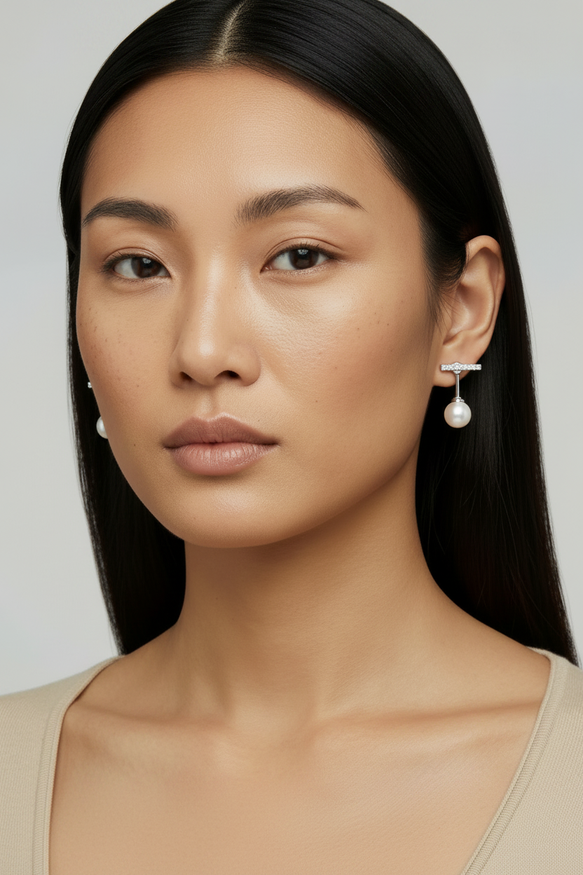 Boucles D'Oreilles T Bar Perle Pendante Argent Sterling Rhodié by Yoldine Paris
