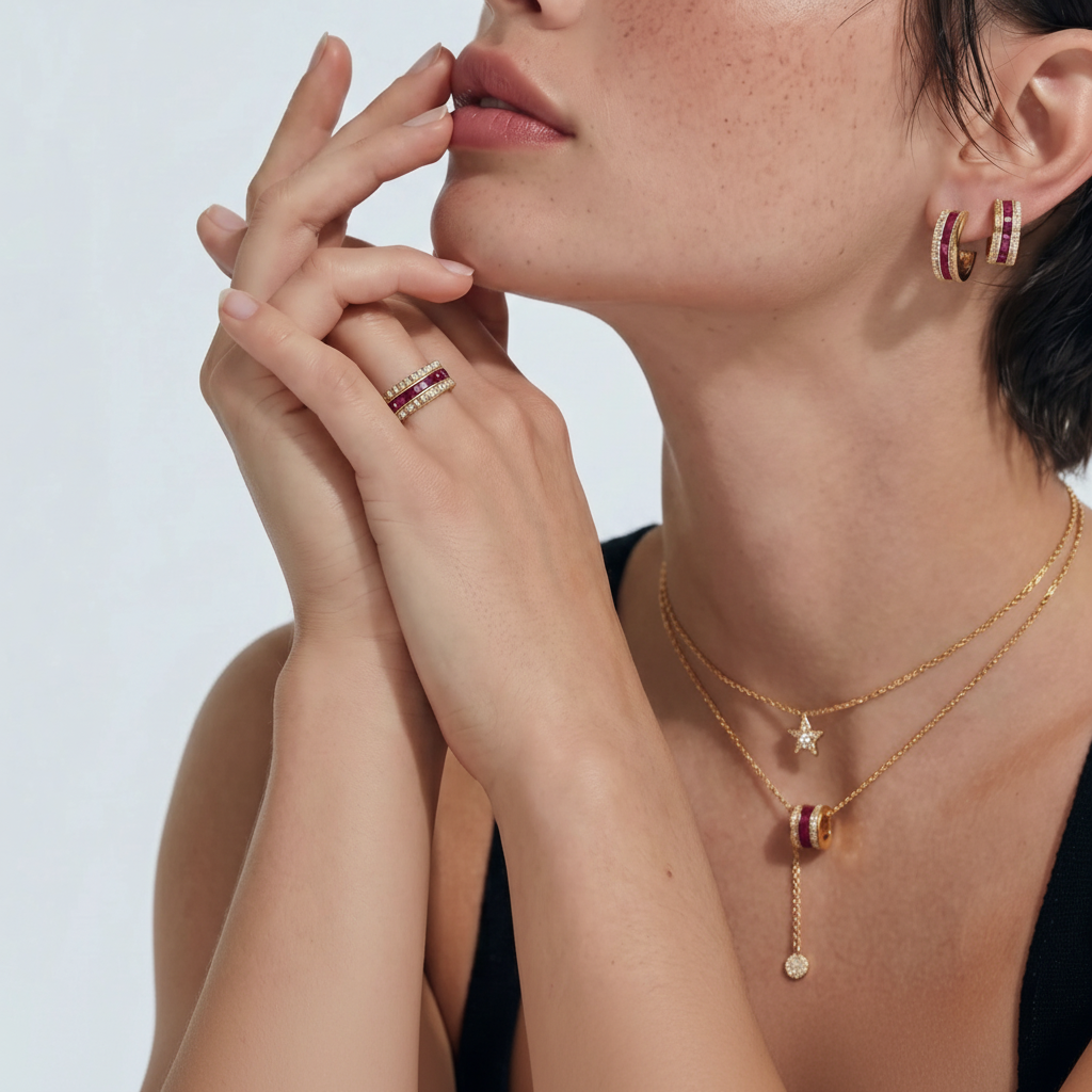 Parure Empilable Royal Ruby Or Plaqué 14K Trois Pièces Avec Zirconias Rouges by Yoldine Paris